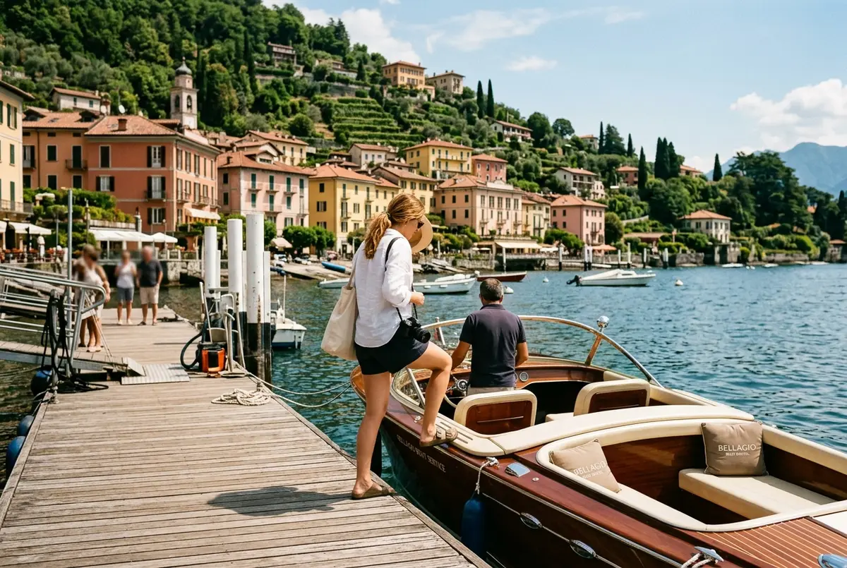 voyageur montant à bord d'un petit bateau de location sans permis depuis un quai en bois à Bellagio sur le lac de Côme, villas et montagnes en arrière-plan en début d'après-midi