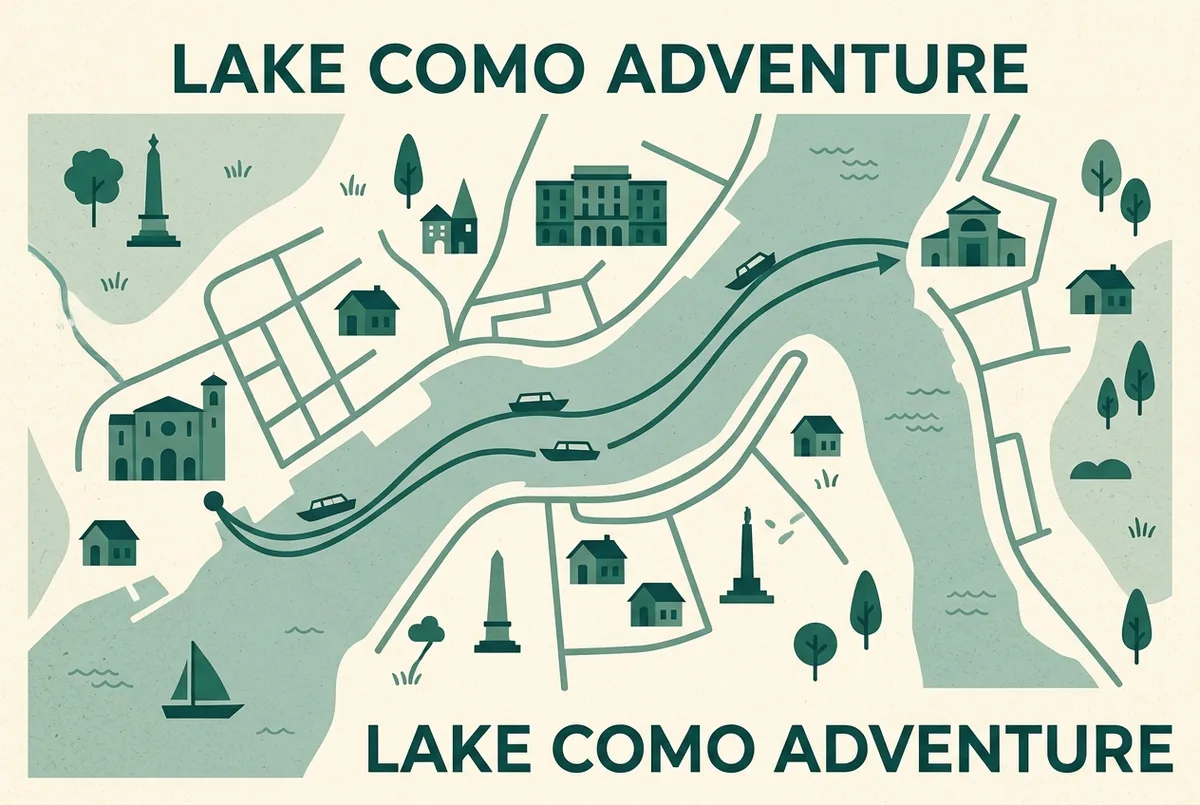 carte illustrée des quais de location de bateau sans permis à Bellagio, Varenna, Menaggio, Lenno et Tremezzo sur le lac de Côme, icônes de bateau simples et étiquettes de ville génériques uniquement