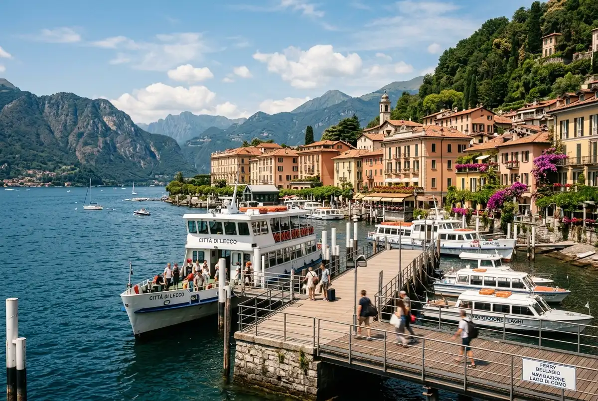 vista amplia del muelle del ferry lago di como a bellagio con varios barcos atracados y edificios de colores pastel en la ladera al fondo a media mañana