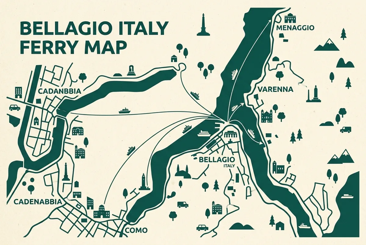 Gráfico tipo mapa de las rutas de ferry que salen del muelle de bellagio hacia como, varenna, menaggio y cadenabbia con iconos simples de barco y etiquetas genéricas de los pueblos