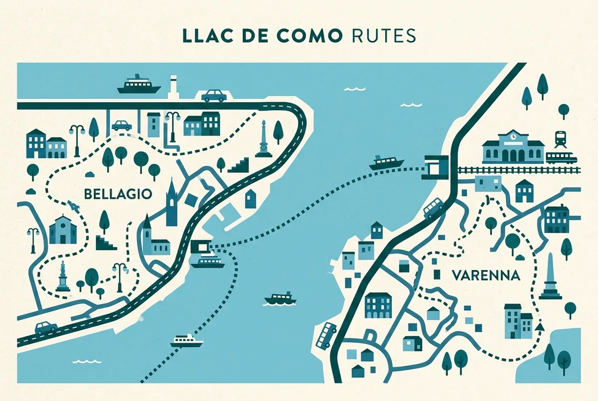 Mapa il·lustrat senzill amb dues rutes a peu marcades amb icones genèriques, una per Bellagio i una per Varenna, connectades per una línia de vaixell pel Llac de Como