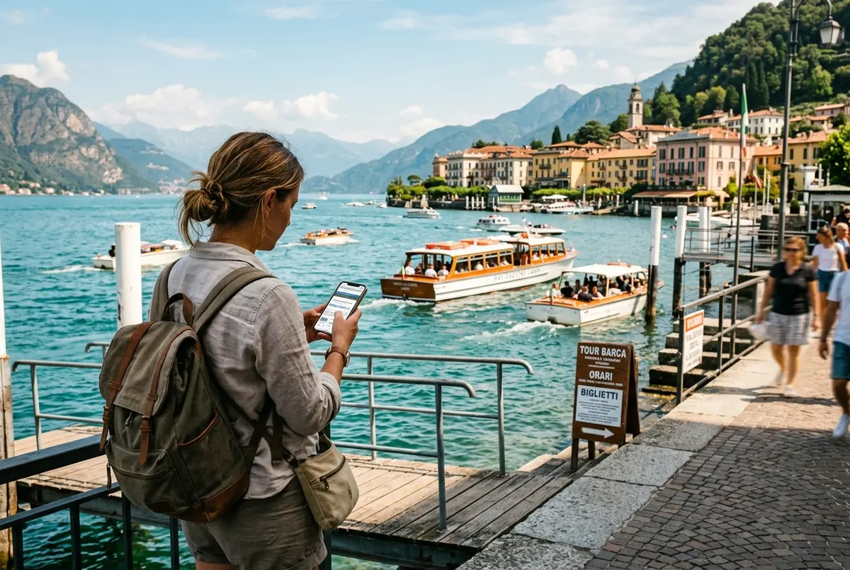 traveler comparing the best lake como boat tour options on a phone at a pier in bellagio with boats departing behind them at midday