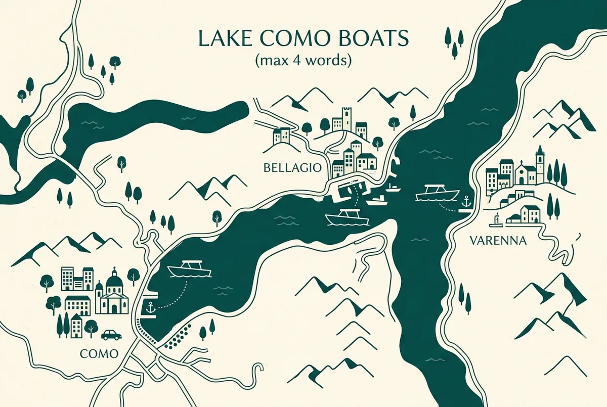 Mapa-grafika pokazująca punkty odbioru wynajmu łodzi na jeziorze como w Como, Bellagio i Varennie, z prostymi ikonami łodzi i ogólnymi etykietami miejsc