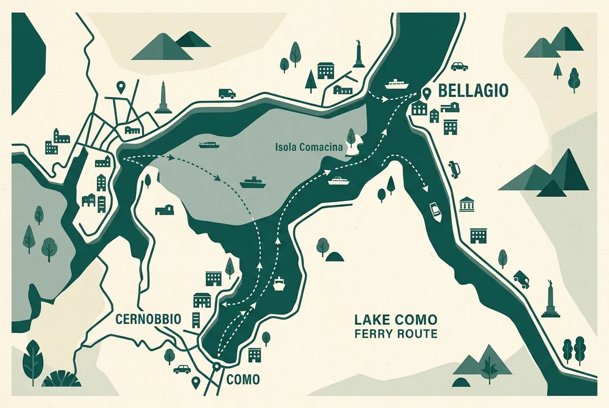 kaart-achtige infographic van de veerbootroute van como naar bellagio over het comomeer, langs cernobbio en isola comacina, met eenvoudige booticonen en generieke plaatsnamen