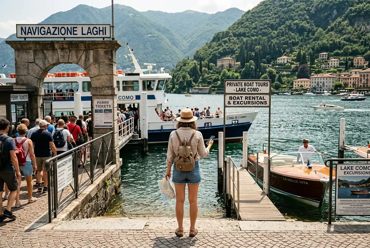 comparación visual de un ferry publico lago de como junto a un tour en barco guiado con pasajeros bajo un toldo en el muelle de bellagio