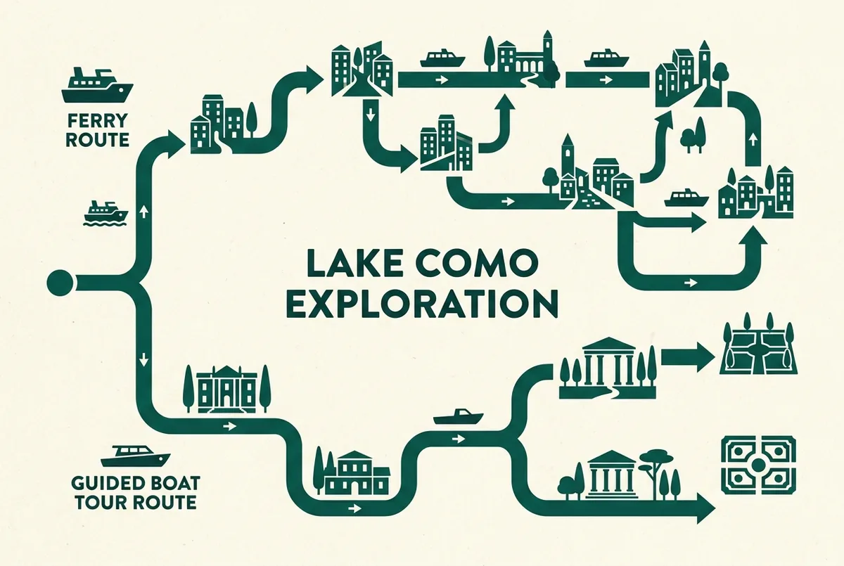 Infografía tipo árbol de decisión comparando ferry o tour en barco lago de como según presupuesto, ocasión y tiempo disponible, con iconos simples de barco y ticket y etiquetas genéricas, sin números