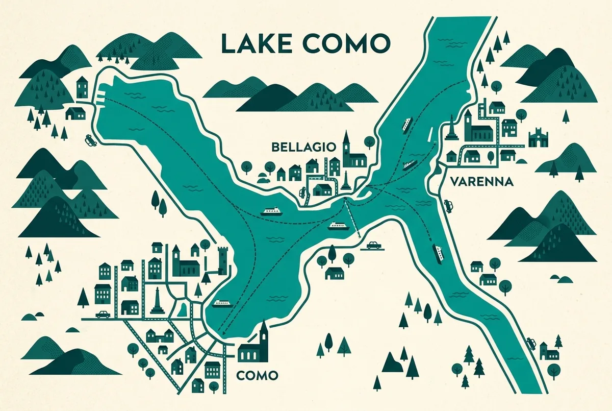 コモ・ベラージオ・ヴァレンナをボートとフェリーで結ぶコモ湖の町々を示す地図風のイラスト