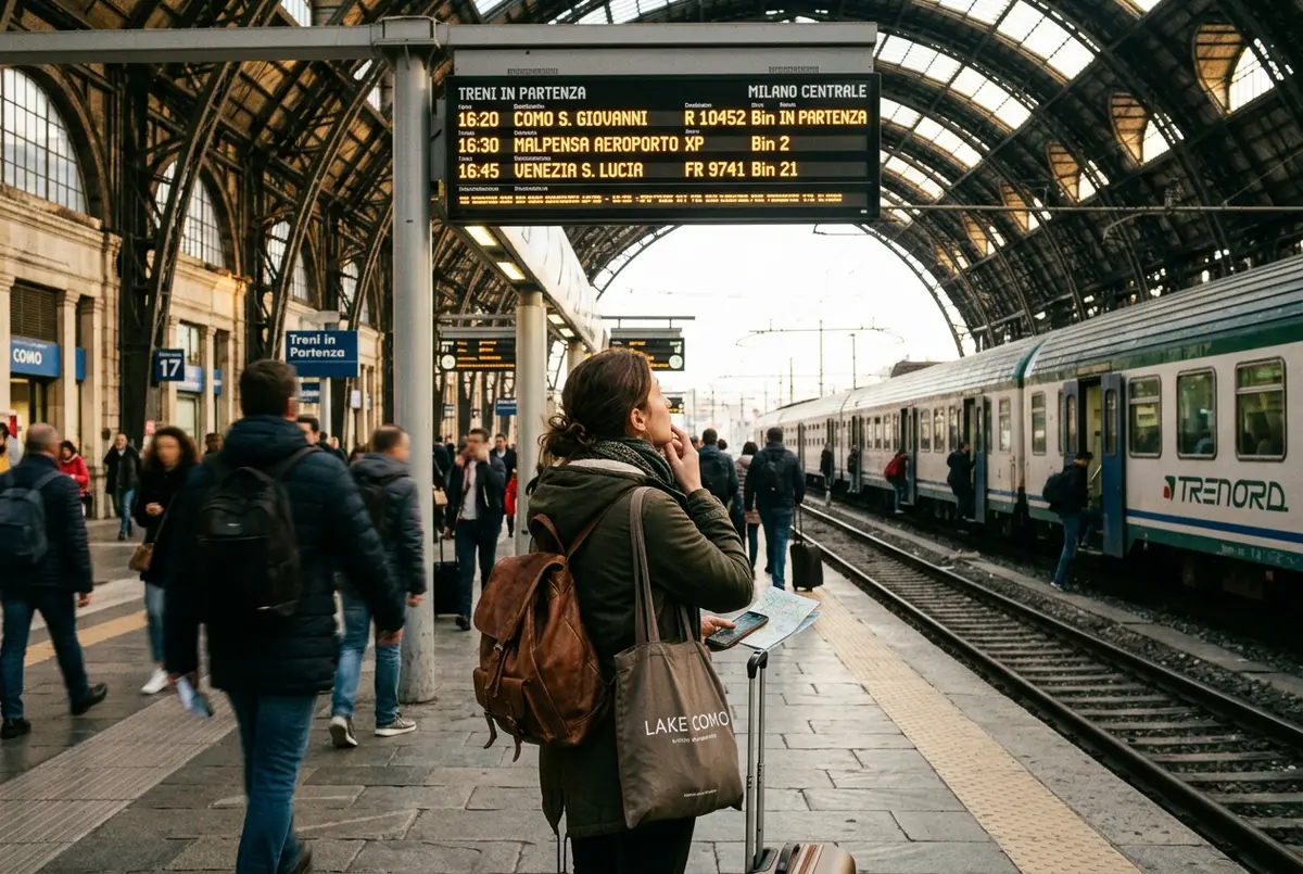 Zamyślony podróżny patrzący na zatłoczony pomost promowy w Bellagio w środku letniego dnia nad jeziorem como