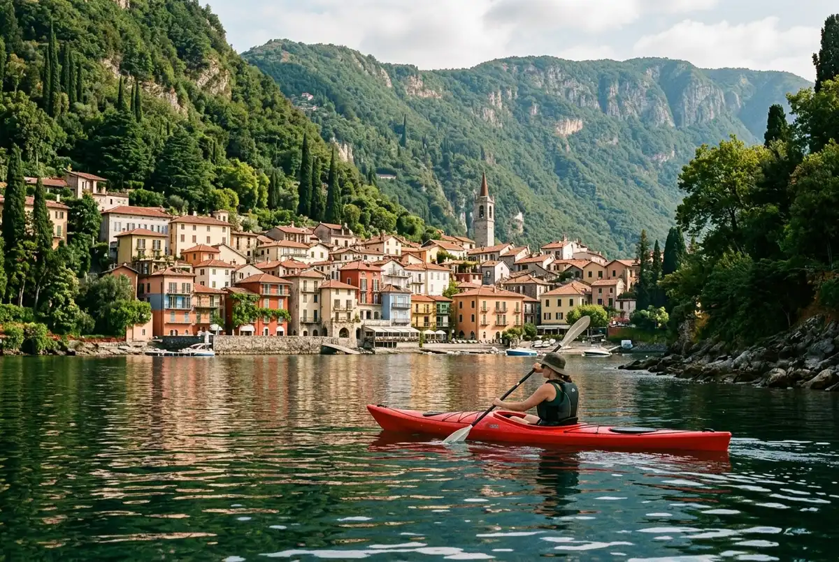jeune couple pilotant un jet ski de location sur le lac de Côme près d'une rive rocheuse en milieu d'après-midi, éclaboussures d'eau, villas floues en arrière-plan