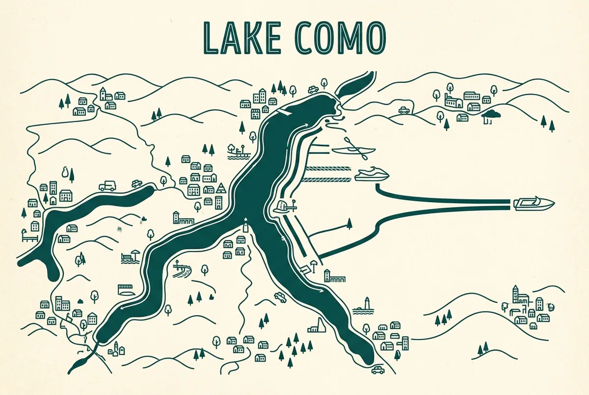 infographie comparant trois façons de prendre les commandes sur le lac de Côme, jet ski près des rives, bateau sans permis sur une zone plus large, taxi boat point à point, icônes simples uniquement
