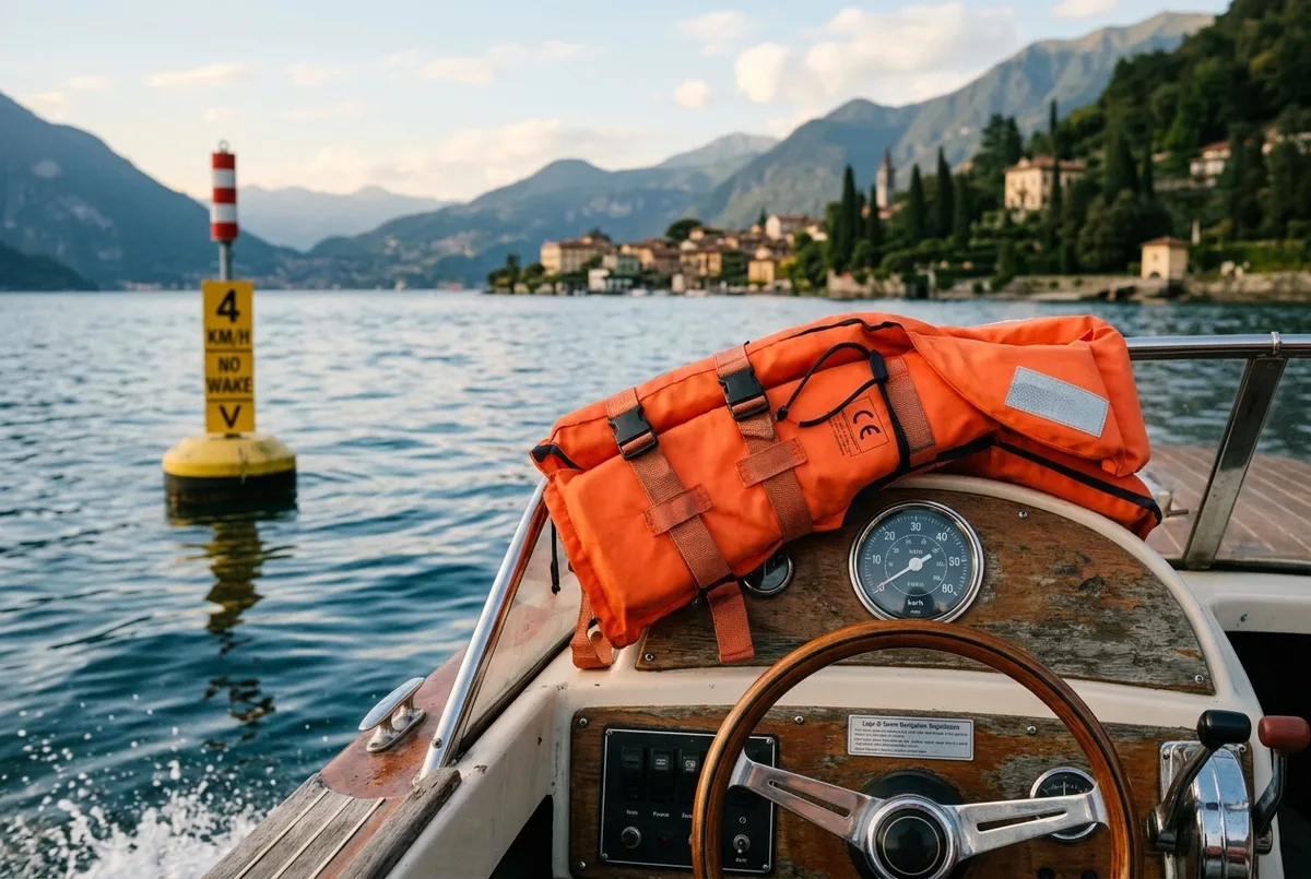 touriste aux commandes d'un petit bateau de location sans permis sur le lac de Côme juste après un briefing de sécurité, rives de Como et montagnes en arrière-plan en fin de matinée