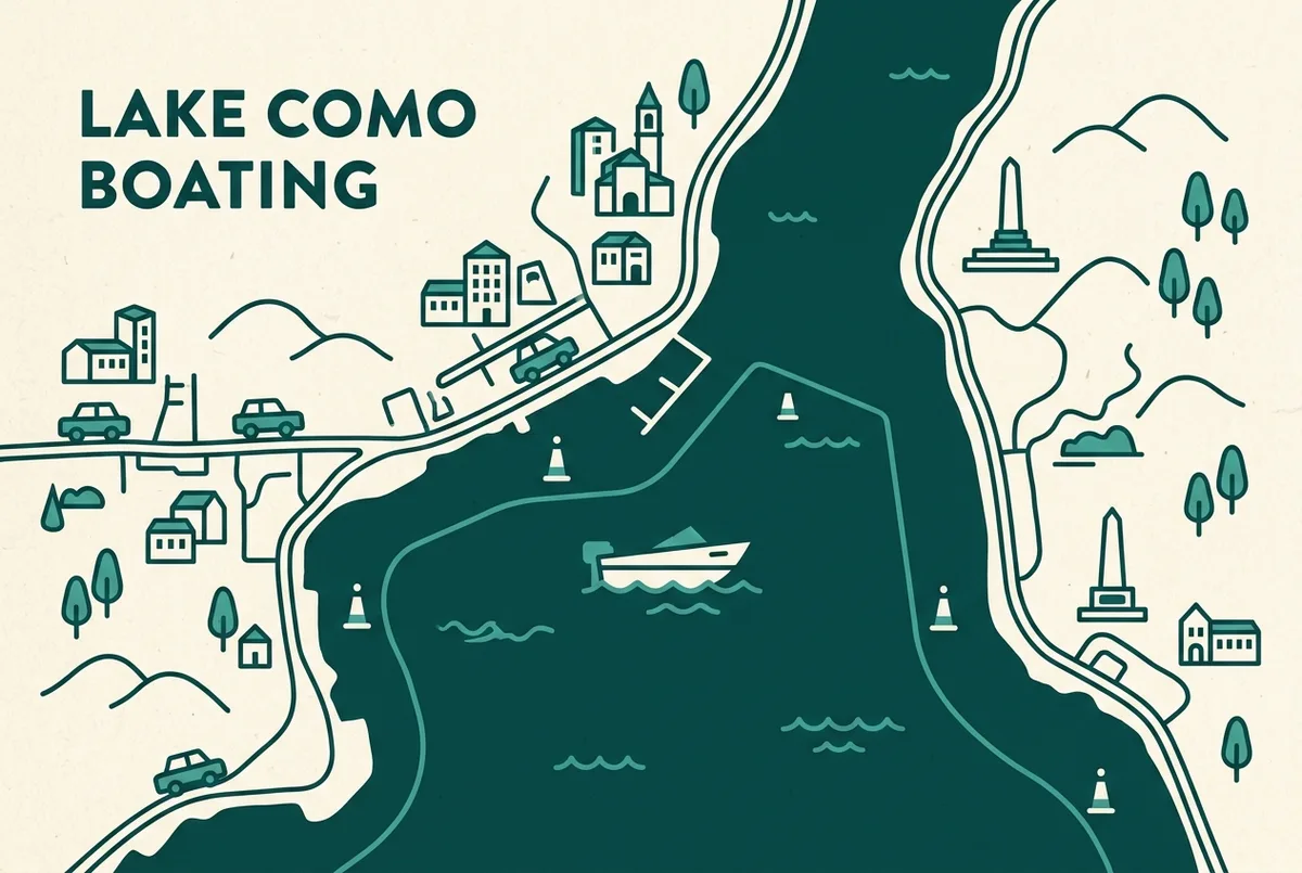 infographie simple montrant les zones de vitesse pour une location de bateau sans permis sur le lac de Côme, bande côtière limitée en vitesse près des rives et zone centrale libre, étiquettes génériques uniquement