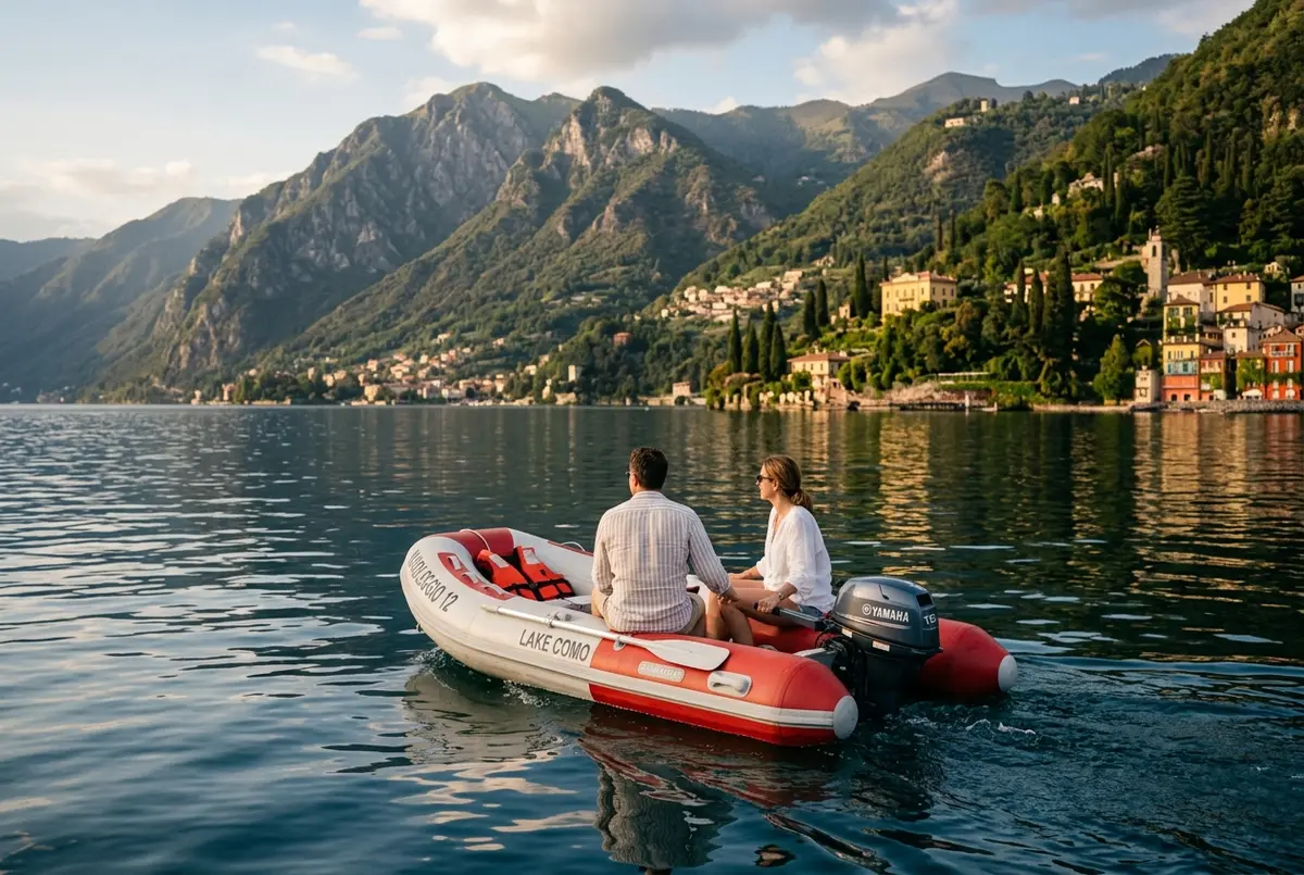 piccolo gommone a noleggio che naviga tranquillo nelle acque dell'alto lago di como vicino a colico con montagne alpine innevate sullo sfondo