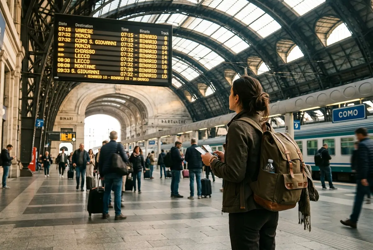 早朝のミラノ中央駅で出発案内板を確認する旅行者、デイバッグを背負い、ミラノ コモ 湖 日帰りに向かう様子