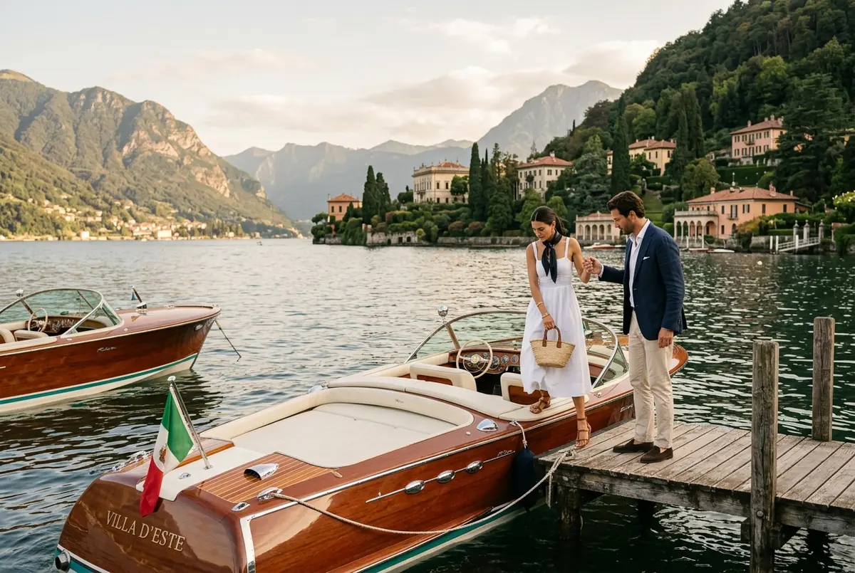 Elegantes Paar steigt in ein klassisches Riva-Holzboot an einem Steg bei Como, motorboot mieten comer see Erlebnis, Seevillen im Hintergrund bei goldenem Nachmittagslicht