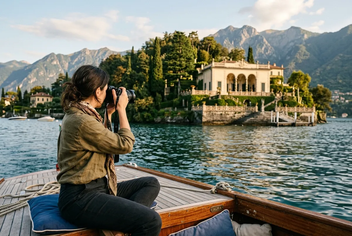 Łódź turystyczna mijająca o zachodzie słońca taras i aleję platanów villa del balbianello nad jeziorem como, przywodzącą na myśl scenerię z filmów