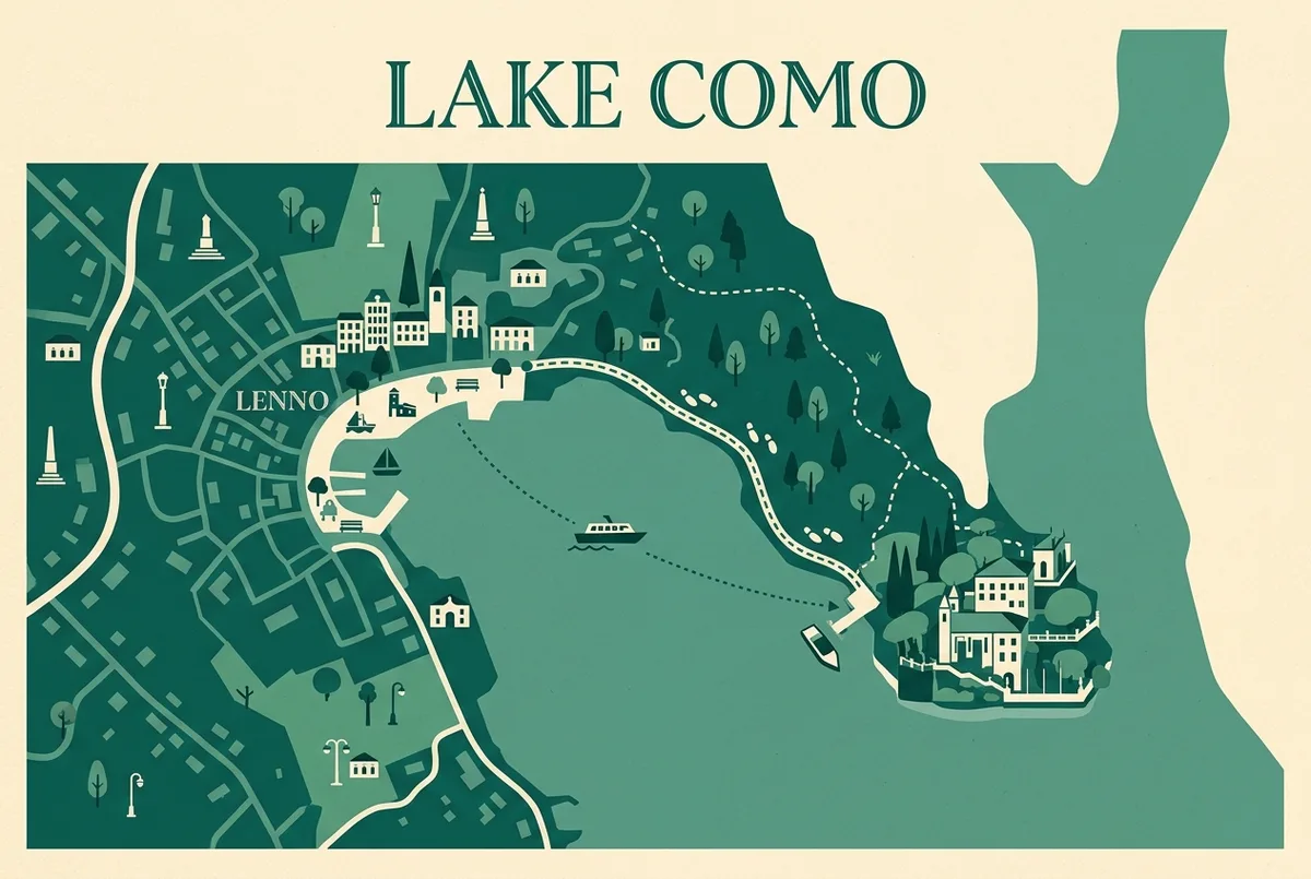 Prosta mapa-infografika pokazująca trasę rejsu łodzią obok villa del balbianello na jeziorze como, z ogólnymi ikonami bez cen