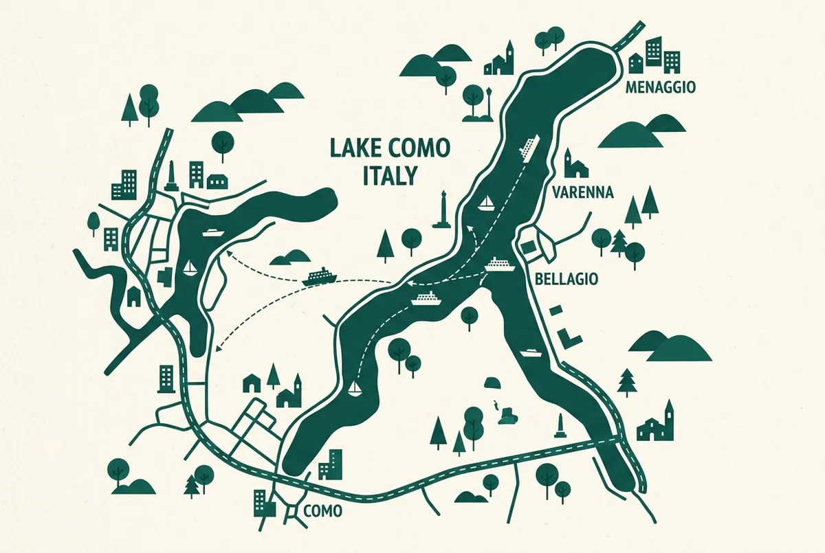 Prosta mapa-infografika jeziora como z zaznaczonymi miasteczkami Como, Bellagio, Varenna i Menaggio oraz ogólnymi ikonami promu i łodzi, bez cen i nazw firm