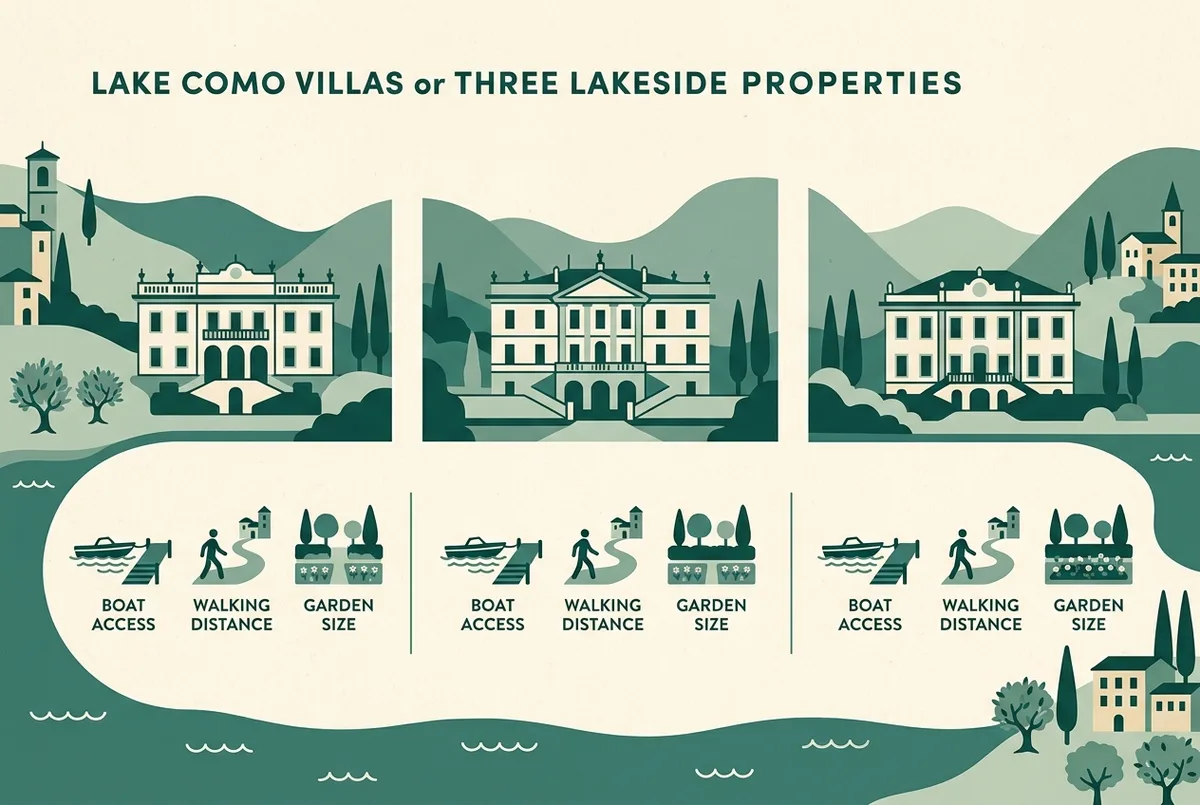 Prosta infografika-porównanie trzech will nad jeziorem como: styl ogrodu, lokalizacja i orientacyjny czas zwiedzania, z ogólnymi ikonami bez cen