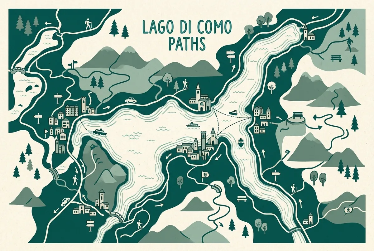 Infografica a mappa dei principali sentieri e passeggiate intorno al lago di como con icone di segnaletica escursionistica e nomi dei borghi principali
