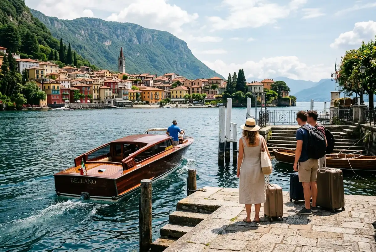 taxi boat privé lac de Côme accostant à un quai en bois à Bellagio au coucher du soleil, un voyageur descendant avec un bagage, montagnes en arrière-plan