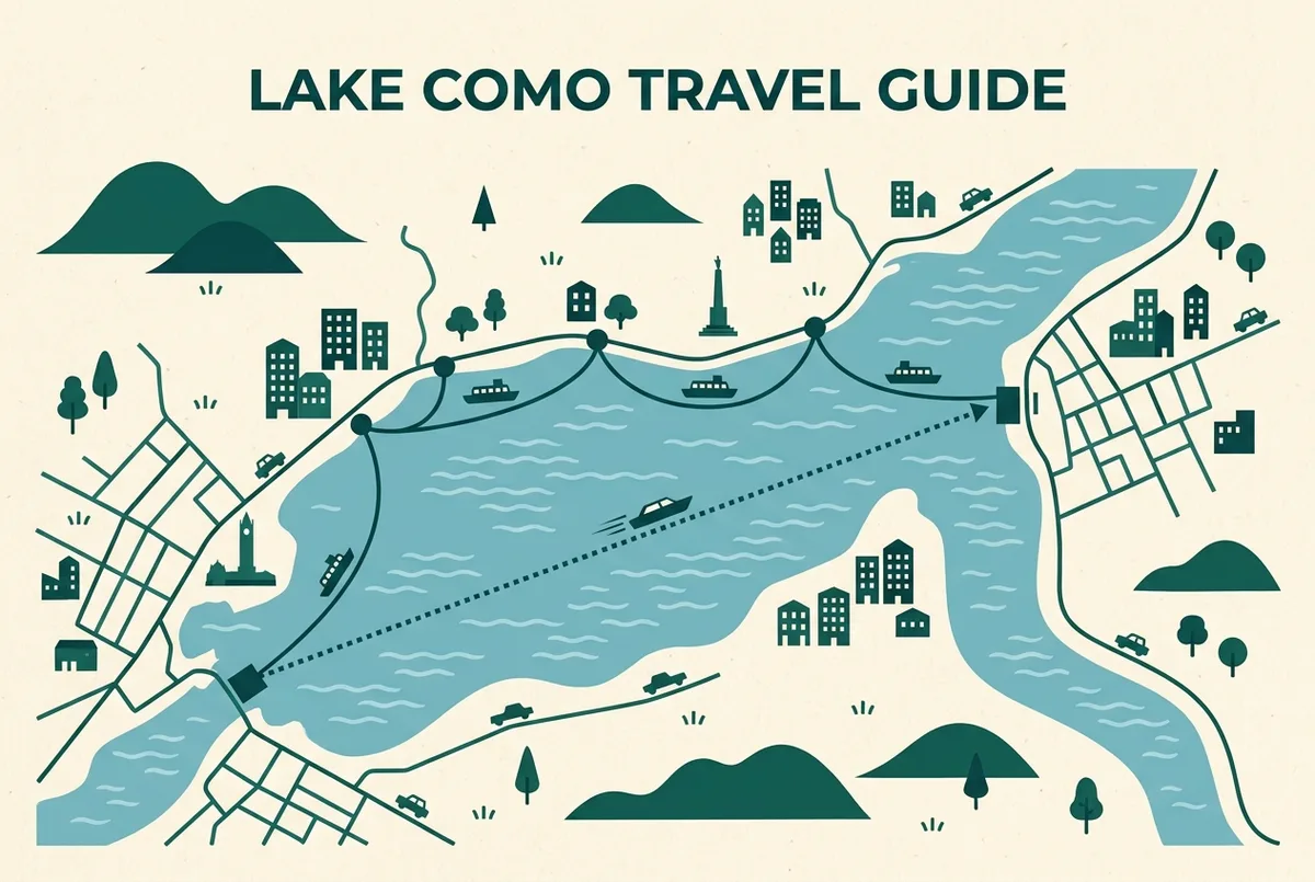 carte simple du lac de Côme montrant trois quais reliés par une ligne pointillée représentant un trajet à la demande en taxi boat, étiquettes de village génériques uniquement