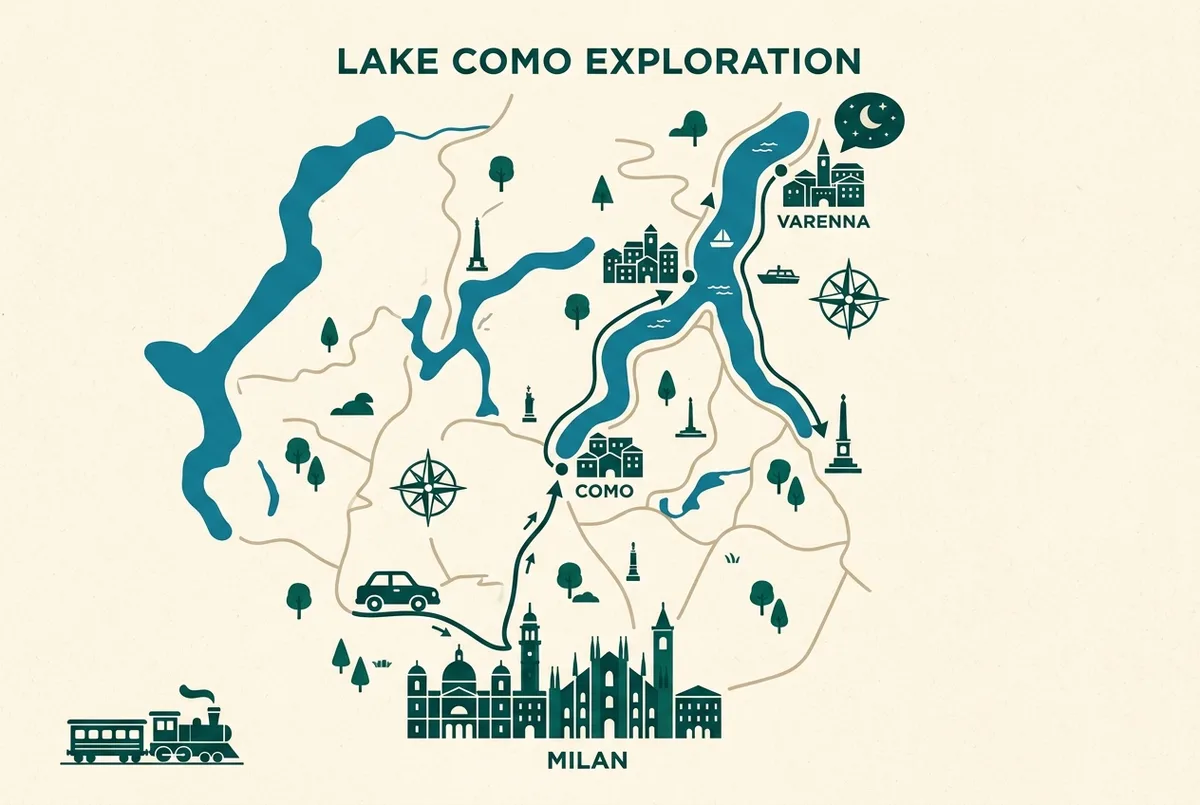 Mapa infográfico sencillo del itinerario milán lago de como de 3 días mostrando Milán, Como, Bellagio y Varenna conectados por tren y ferry, con iconos genéricos de tren, barco y maleta