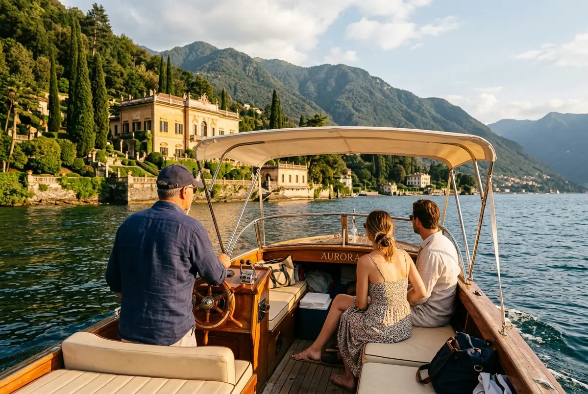 grupo pequeño de viajeros en un tour privado lago de como a bordo de un barco de madera navegando cerca de una villa junto al agua
