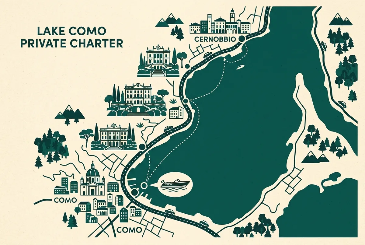 Infografía comparando el tamaño típico de un barco privado frente a un crucero compartido en el Lago de Como con siluetas simples de pasajeros y un barco, sin números