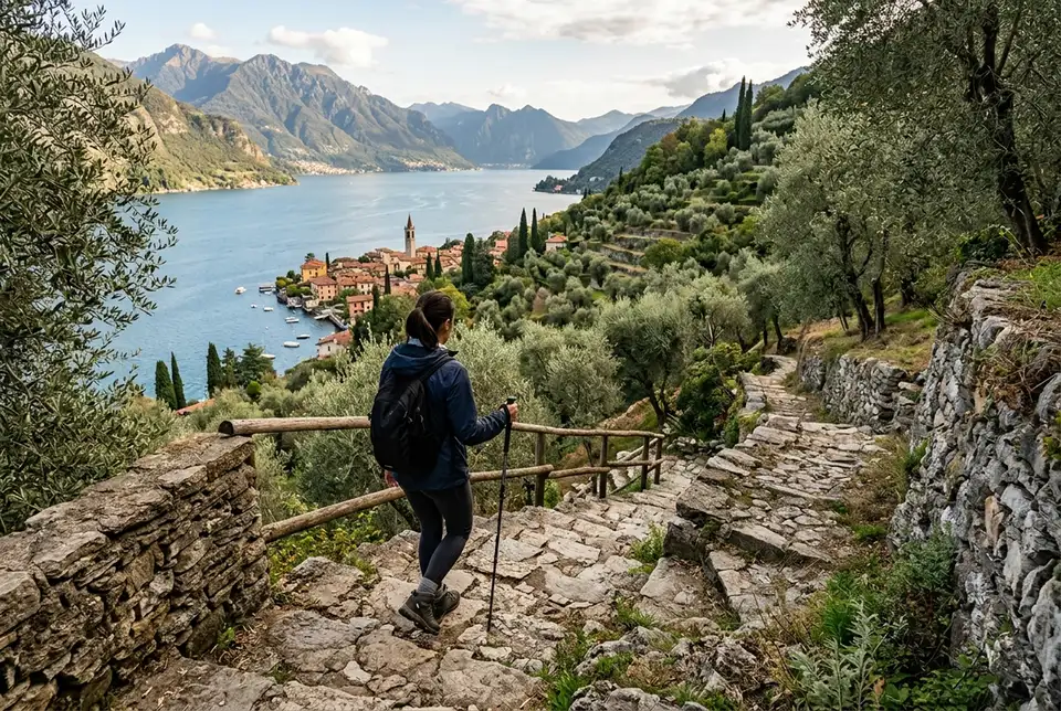 escursionista che percorre una scalinata di pietra del sentiero del viandante tra varenna e bellano con il lago di como visibile sotto tra gli ulivi