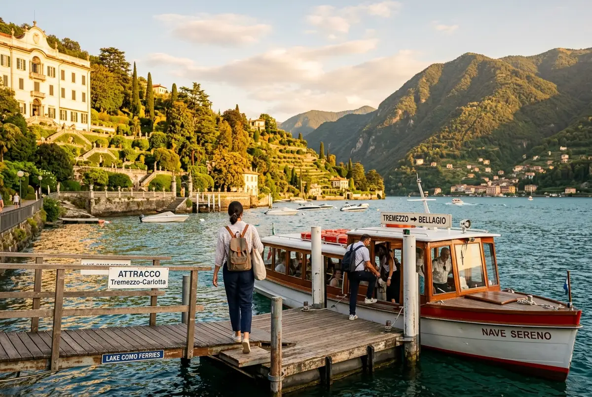 traghetto lento in avvicinamento al pontile di cadenabbia sulla sponda ovest del lago di como con villa carlotta e giardini verdi sullo sfondo a metà mattina