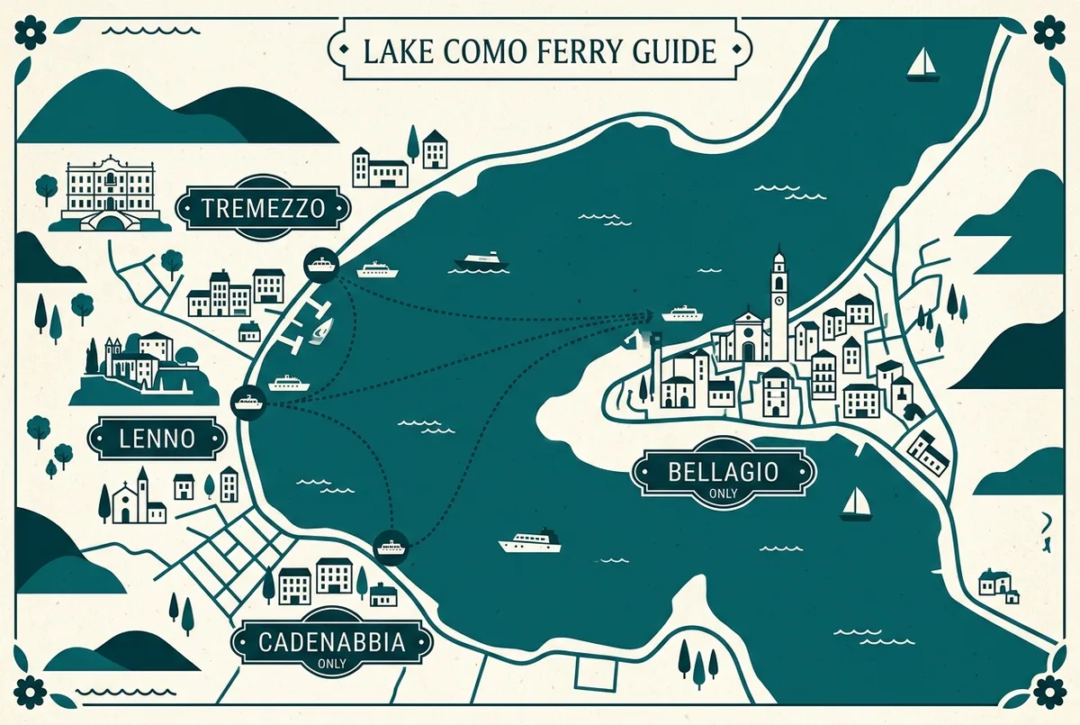 Grafica a mappa della linea traghetti sponda ovest del lago di como che collega tremezzo, cadenabbia e lenno con semplici icone di barche ed etichette generiche delle fermate