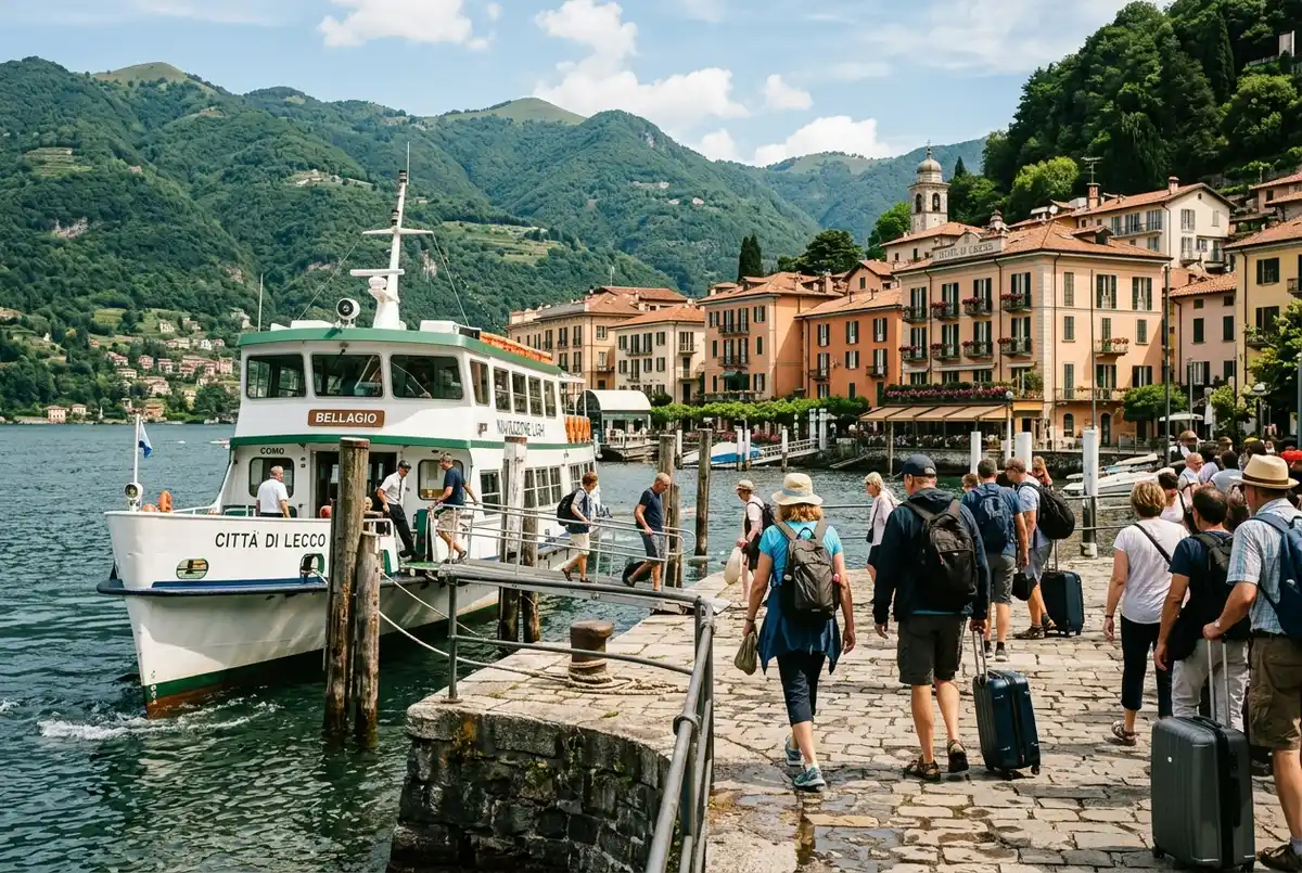 Podróżni schodzący z promu z varenny do bellagio na kamienny pomost w Bellagio, z pastelowymi budynkami nadbrzeżnymi i zielonymi wzgórzami w tle w środku dnia