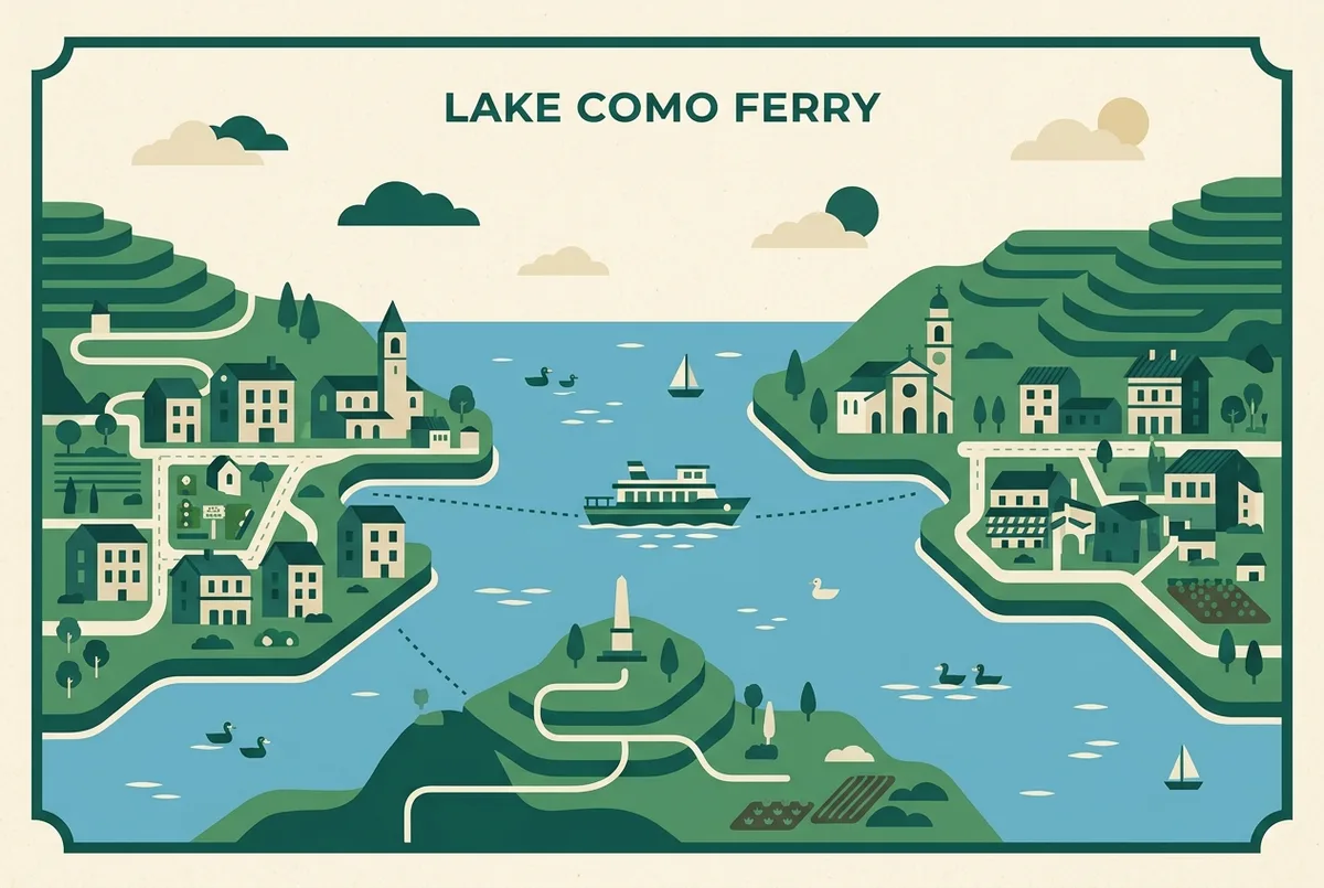 Mapa-grafika krótkiej trasy promu z Varenny do Bellagio przez środkową część jeziora como, z prostymi ikonami łodzi i ogólnymi etykietami obu pomostów