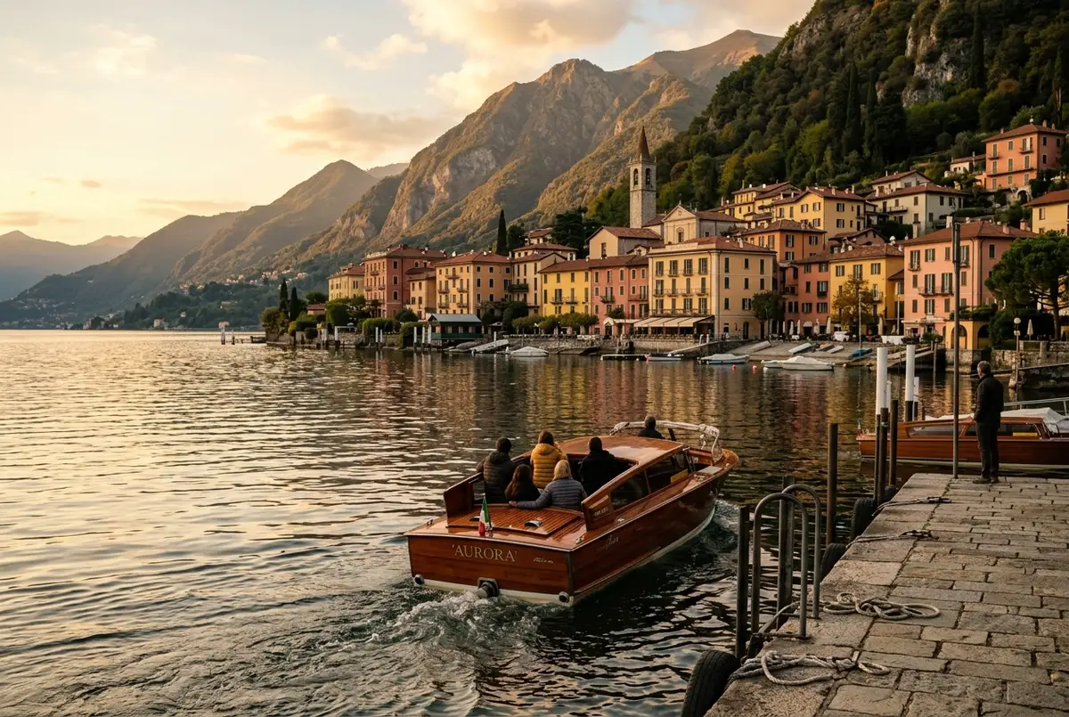boottocht die vertrekt vanaf de steiger in varenna op het comomeer, met kleurrijke huizen aan het water en bergen op de achtergrond, in de namiddag