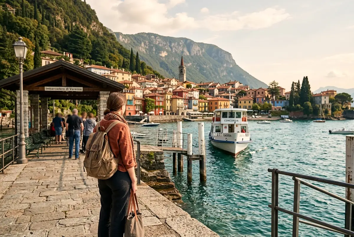 auto che sale a bordo di un traghetto varenna menaggio al pontile di cadenabbia sul lago di como con il lago e le colline sullo sfondo nel tardo pomeriggio