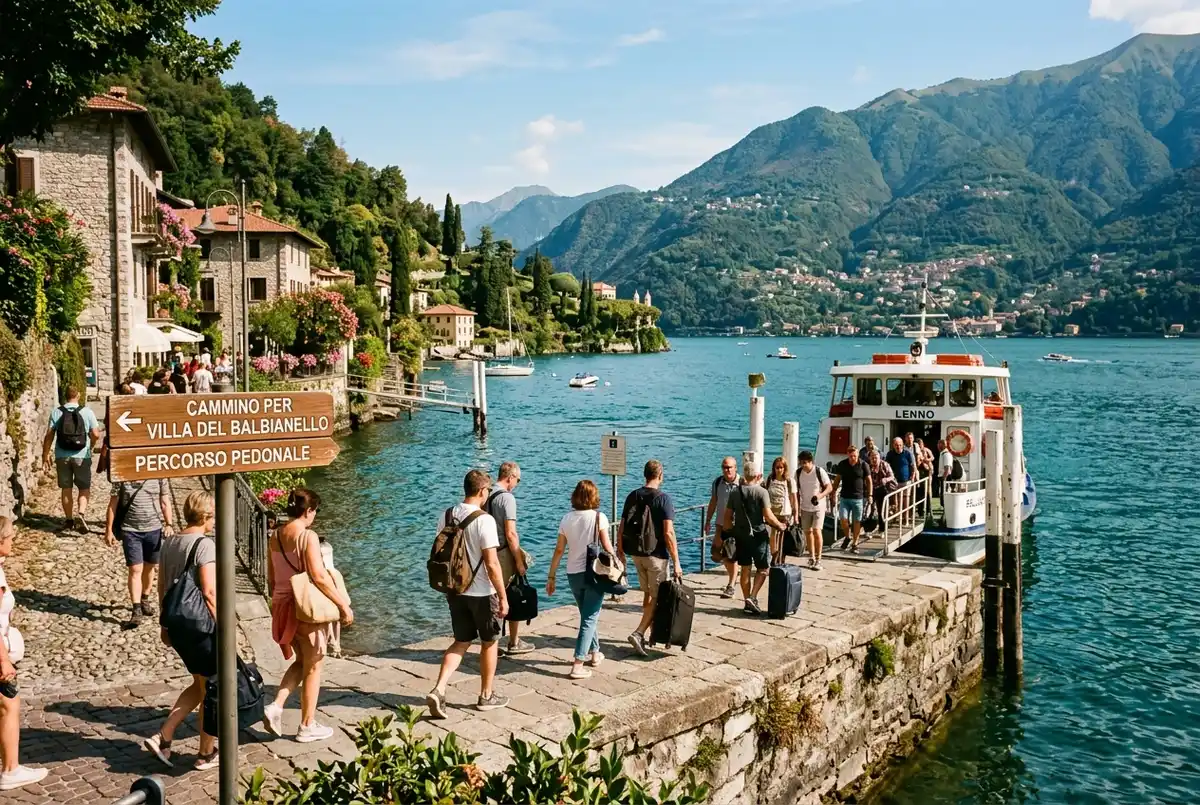 Viatgers desembarcant al moll de Lenno amb cartells indicadors cap al camí que porta a la Villa del Balbianello, matí assolellat al Llac de Como