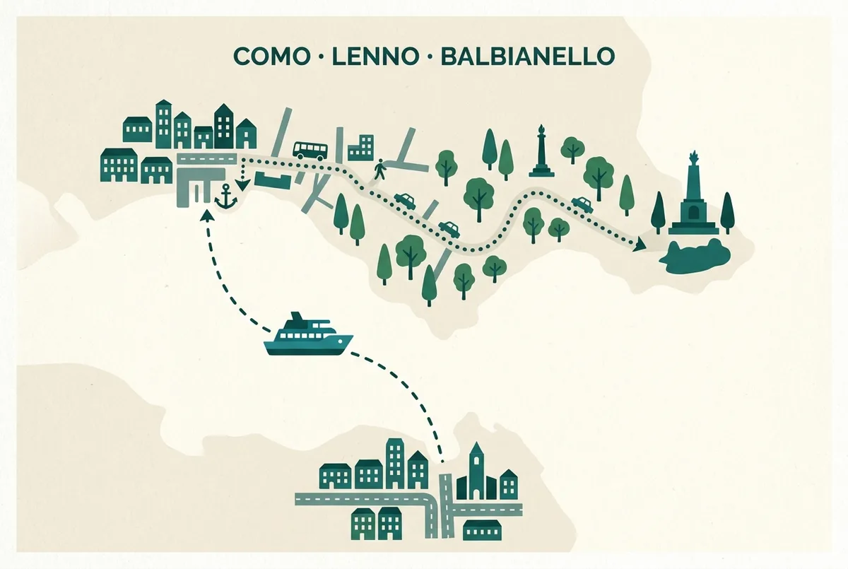 Mapa-infografika drogi do villa del balbianello: prom do Lenno, a potem spacer do wejścia willi, z ogólnymi ikonami bez cen