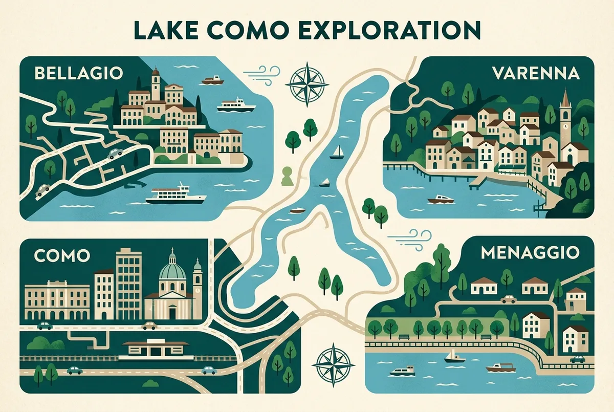 Prosta mapa-infografika czterech miasteczek jako baz noclegowych: Bellagio, Varenna, Como i Menaggio, z ogólnymi ikonami ceny i czasu dojazdu promem, bez konkretnych liczb