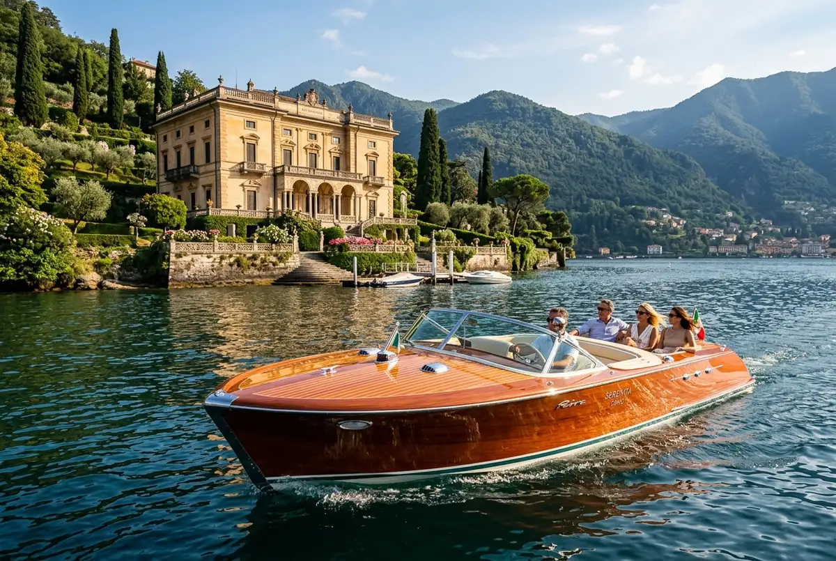 Classic wooden Riva-style boat tour on lake como cruising past a lakeside villa, polished teak deck catching the afternoon sun